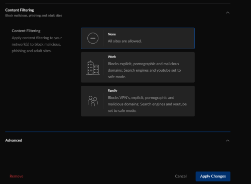 Content filtering settings