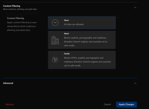 Content filtering settings