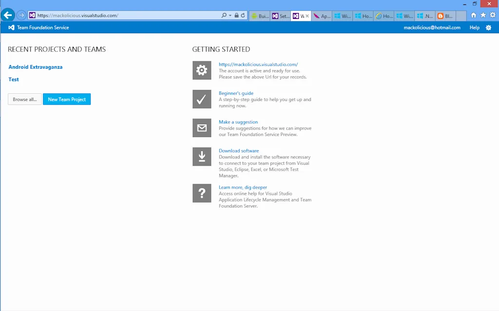 Team Foundation Service home page