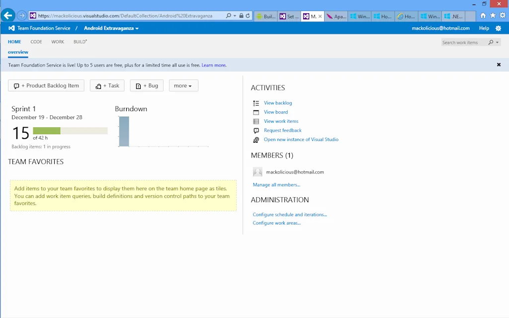 Team Foundation Service dashboard