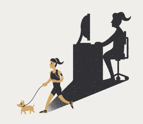Automate your small business. A business owner goes for a jog with her pet dog instead of spending hours at a computer.