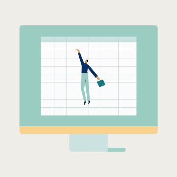 Computer monitor with animated man clutching onto spreadsheet for dear life on beige background
