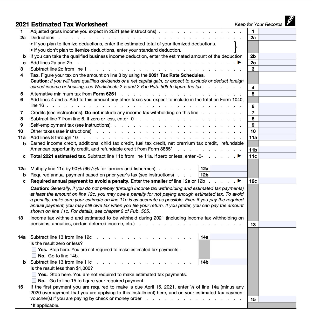 2021 Form 1040-ES Worksheet