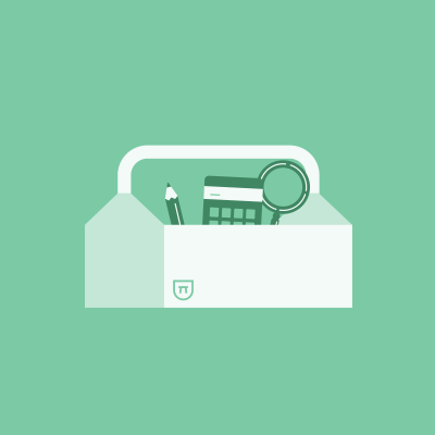 Pencil, calculator, and magnifying glass in white toolbox on green background