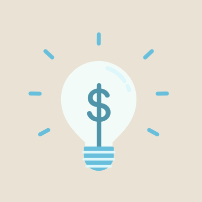 Blue dollar sign in lightbulb with blue striped base on beige background