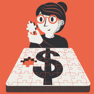Accounting for small business. A business owner puts together the pieces of her accounting, which is represented as a jigsaw puzzle with a dollar sign on it.