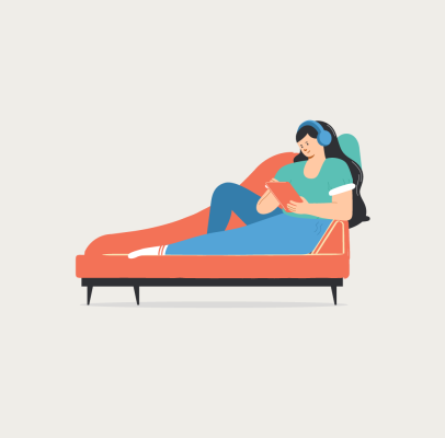 An illustrated woman sits in a couch, reading a book.
