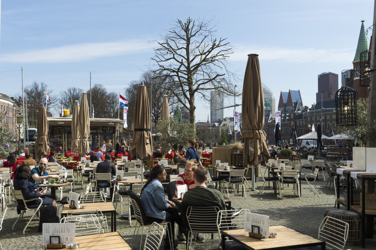 a group of people sitting at tables in a park