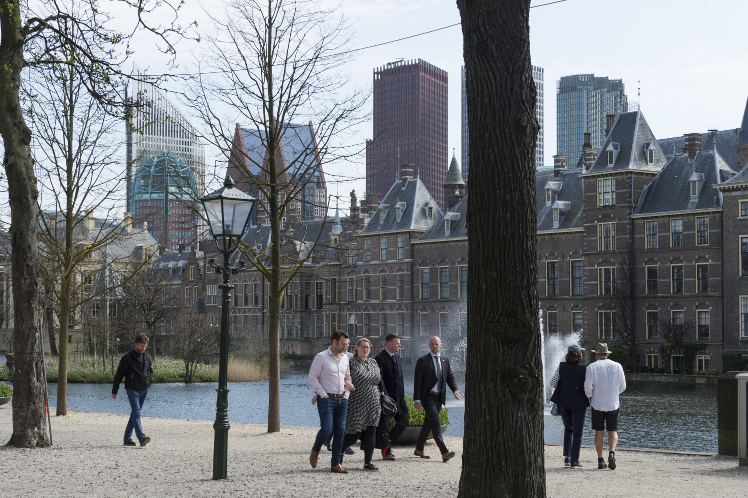 a group of people walking around a park