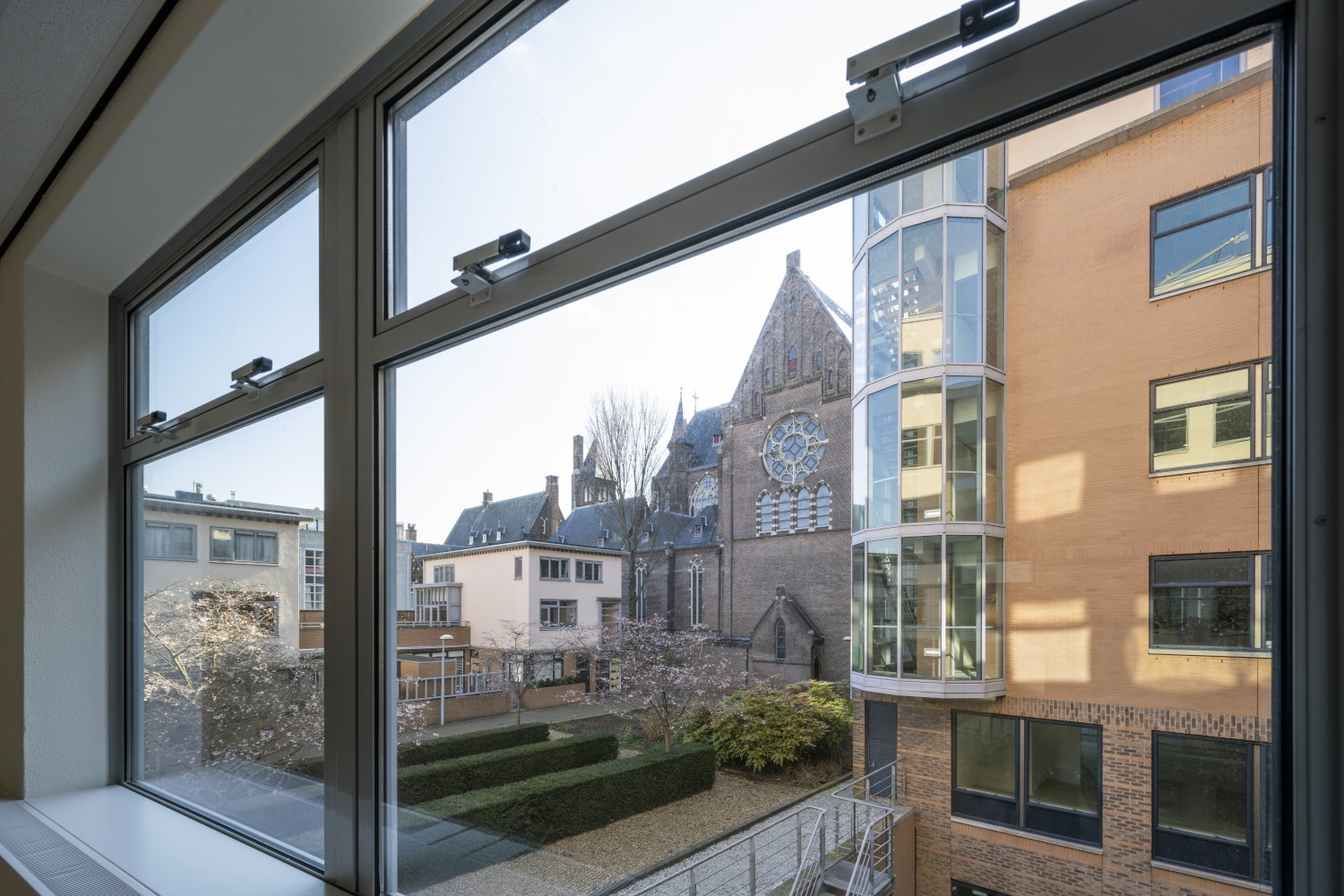 a view of a building through a window