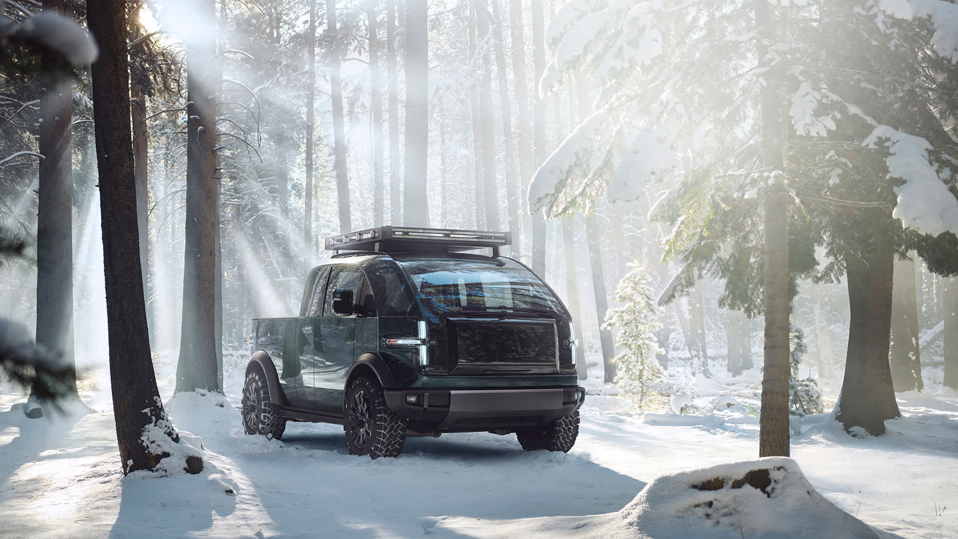 Canoo Pickup Truck in the snowy forest