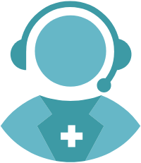 Blue icon of woman with headset and white plus sign on shirt represents the Nurse Care Coordinator