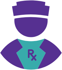 Purple icon of man in shirt and tie with pen and white “Rx” text in lab coat represent the Clinical Pharmacist