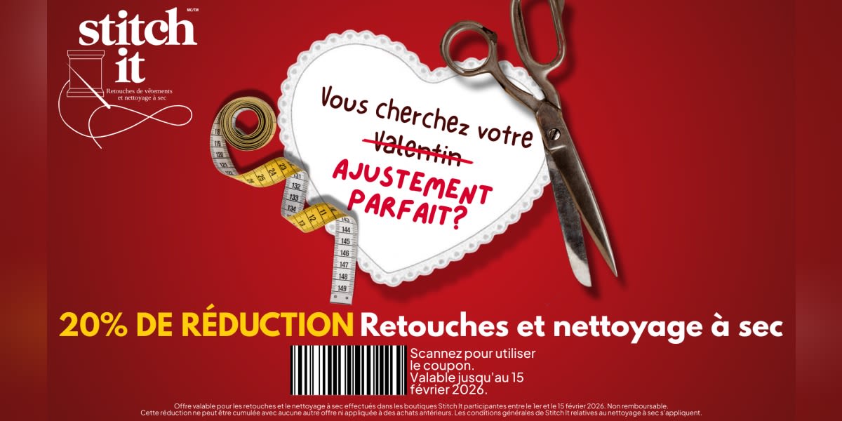 Trouvez la coupe parfaite chez Stitch It ! 20 % de réduction sur les retouches et le nettoyage à sec jusqu'au 15 février !