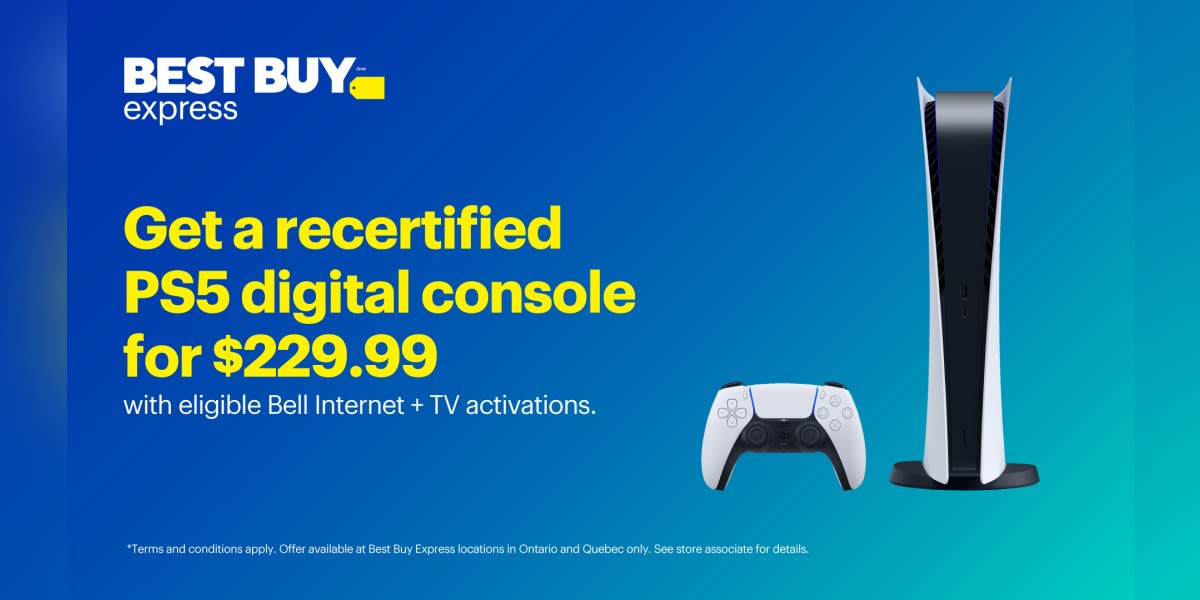 Get a recertified PS5 digital console for $229.99 with eligible Bell Internet + TV activations.
