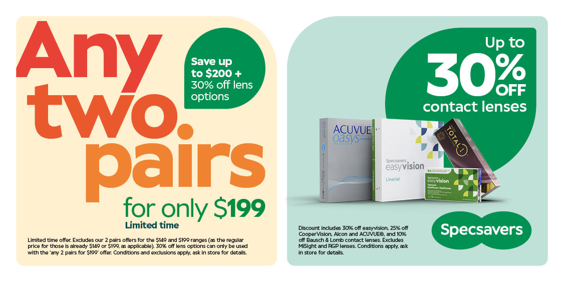 ANY two pairs of glasses for $199 PLUS 30% off lens upgrades + Contact Lens Sale 