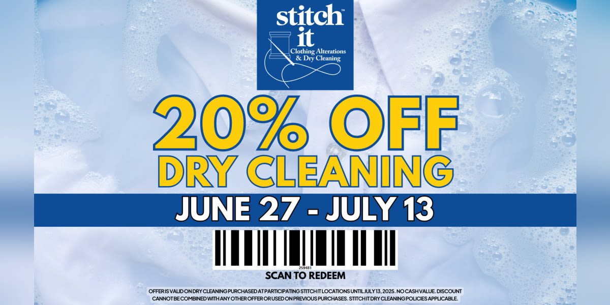 Save 20% Off Dry Cleaning at Stitch It until July 13!