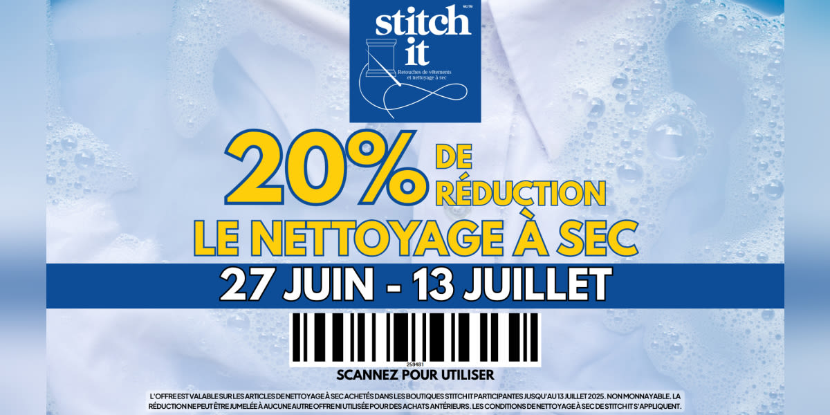 Économisez 20 % sur le nettoyage à sec chez Stitch It jusqu'au 13 juillet !