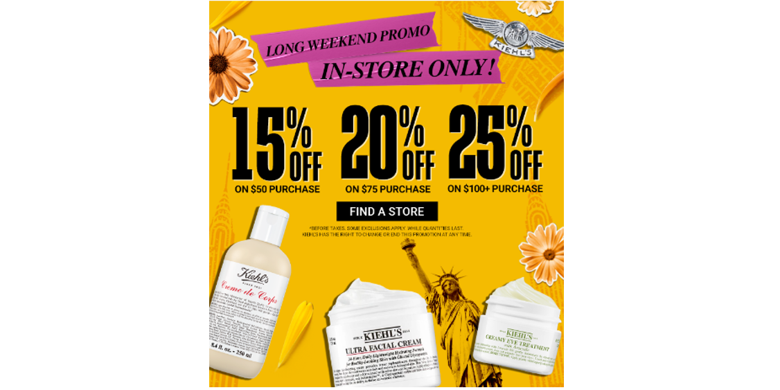 Kiehl's Long Weekend Offer-Up to 25% off 