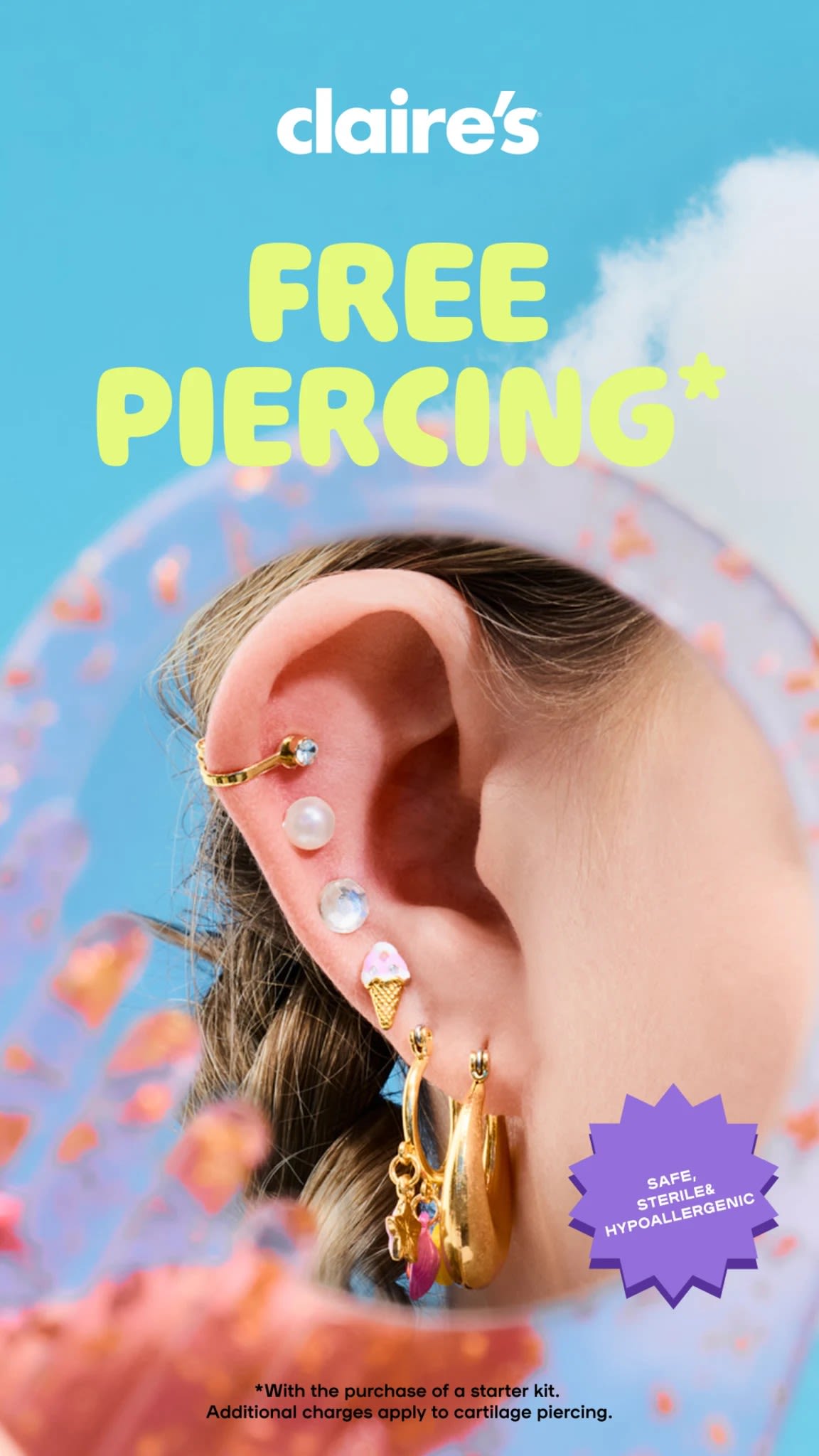 Get your ears/nose pierced free with the purchase of a starter kit!