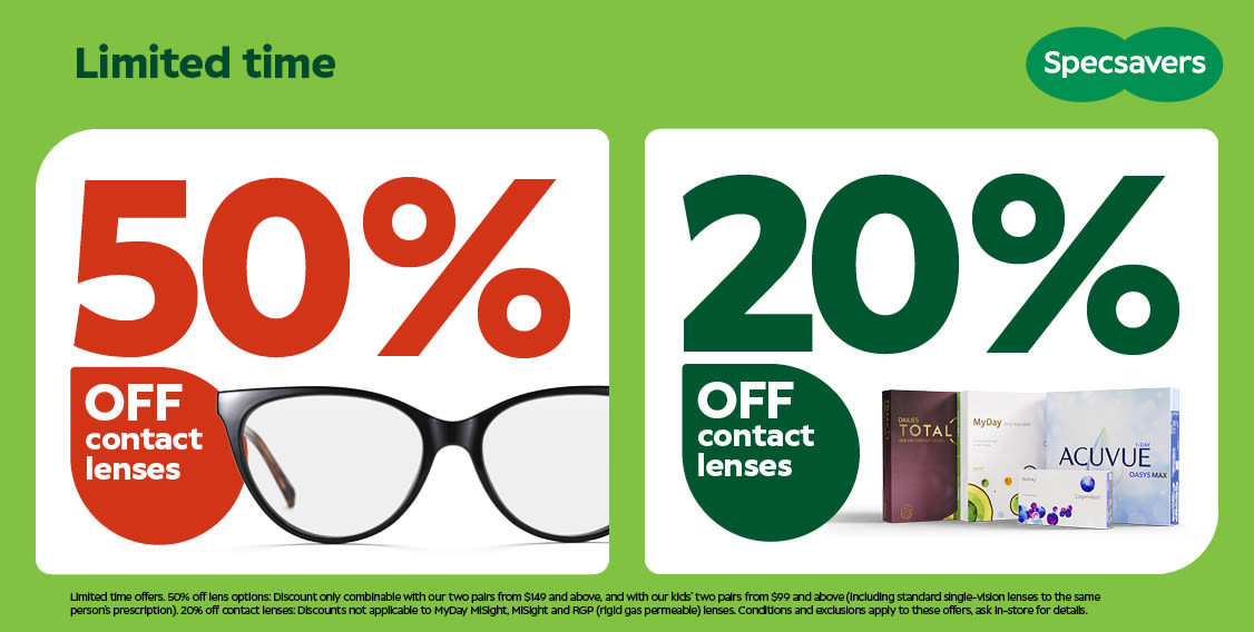 Specsavers - 50% off Lens options & 20% off Contact Lenses