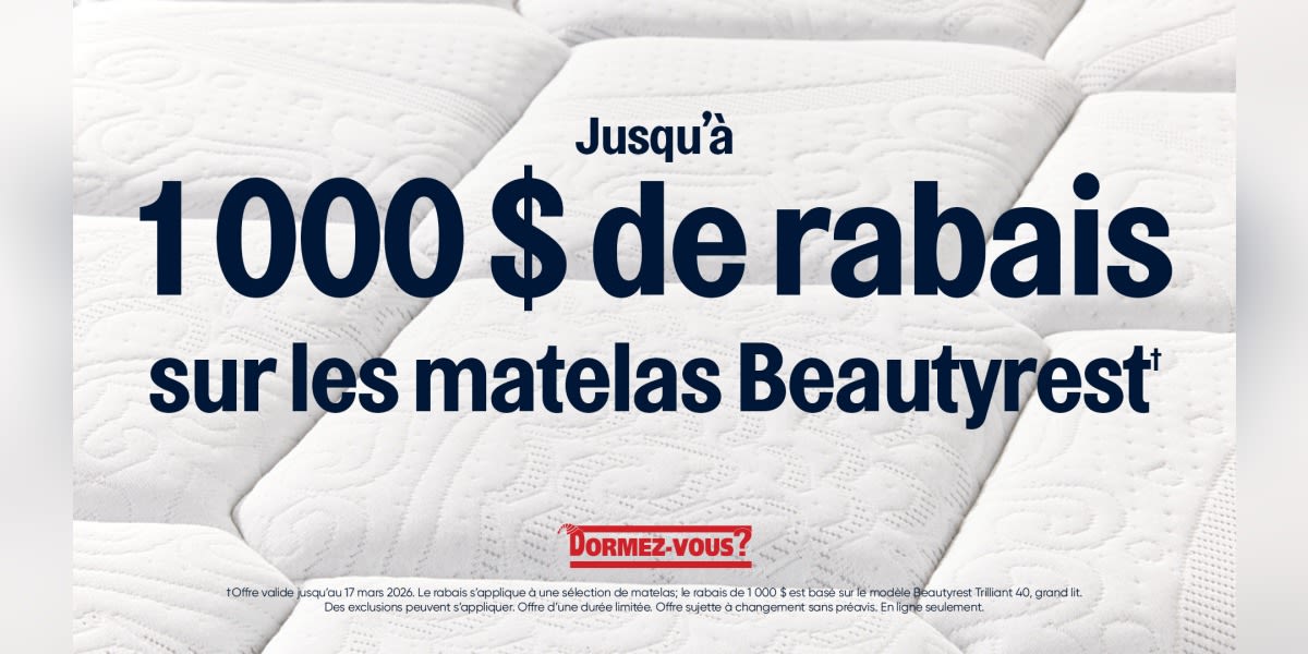 Obtenez jusqu’à 1 000 $ sur nos matelas vedettes Beautyrest*