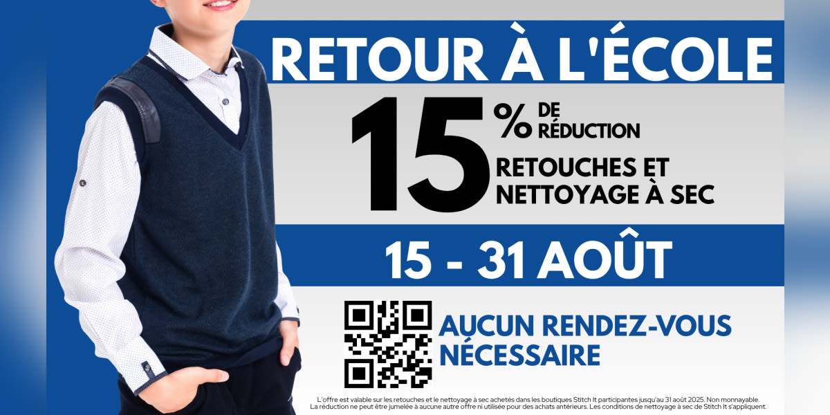 C'est la rentrée chez Stitch It ! Profitez de 15 % de réduction sur les retouches et le nettoyage à sec jusqu'au 31 août !