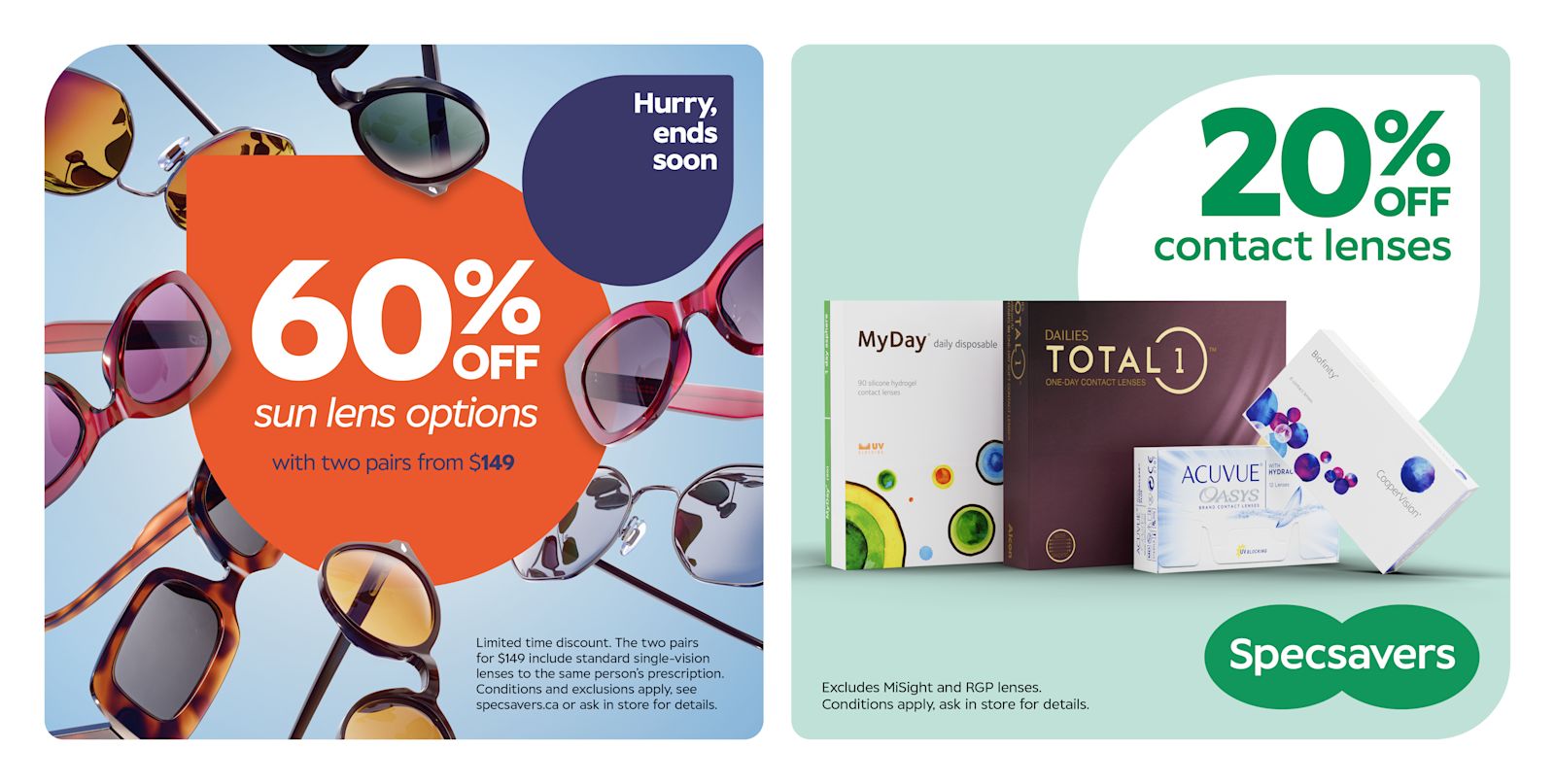 60% off Sun lens options and 20% off Contact lenses