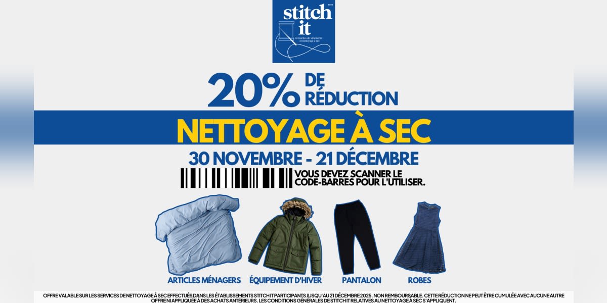 Profitez de 20 % de réduction sur le nettoyage à sec jusqu'au 21 décembre !