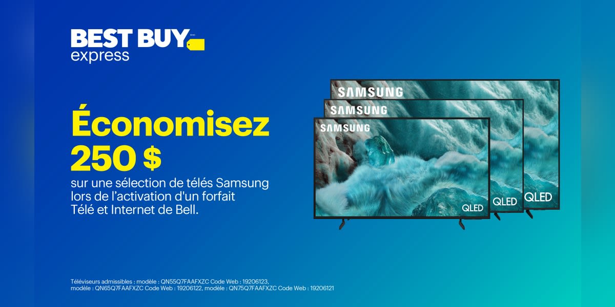 Économisez 250 $ sur une sélection de télés Samsung lors de l'activation d'un forfait Télé et Internet de Bell.