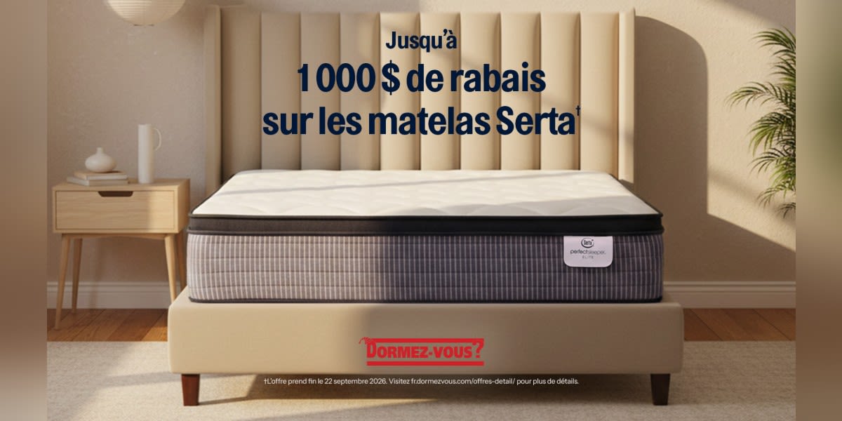 Obtenez jusqu’à 1 000 $ de rabais sur les matelas Serta.