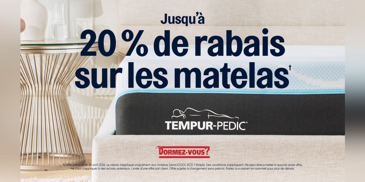 Jusqu’à 20 % de rabais sur les matelas*