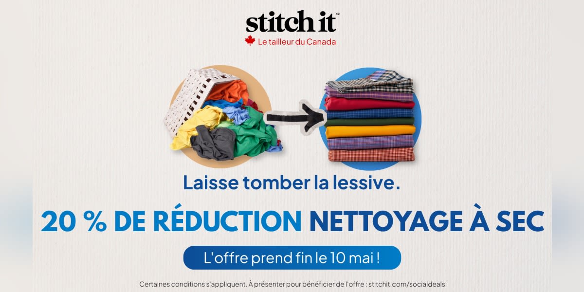 Laisse tomber la lessive. Profitez de 20 % de réduction sur le nettoyage à sec jusqu'au 10 mai !