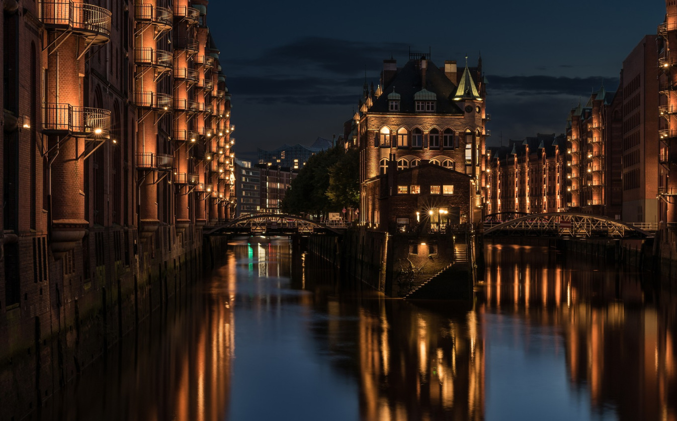 The Speicherstadt district in Hamburg at night