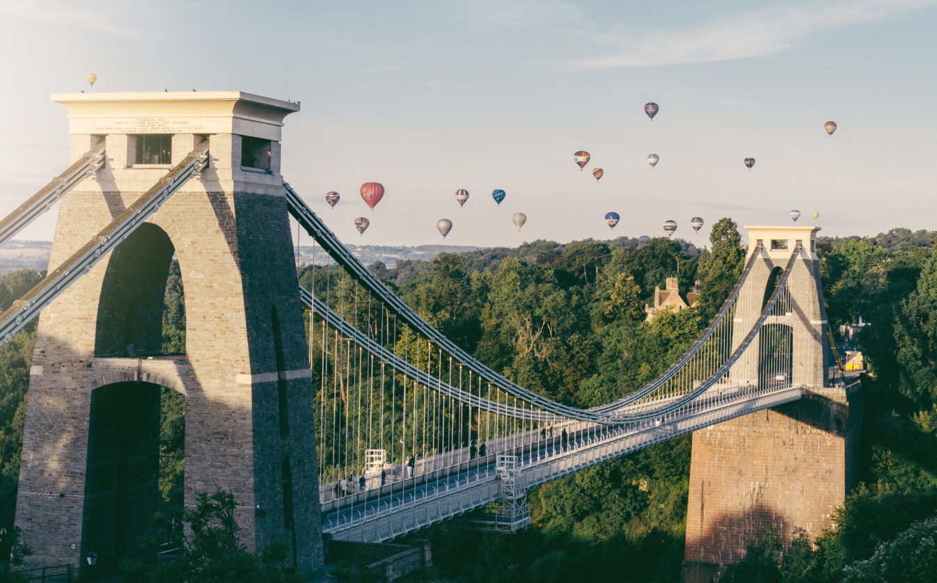 Hot air balloons over the Clifton Suspension Bridge in Bristol