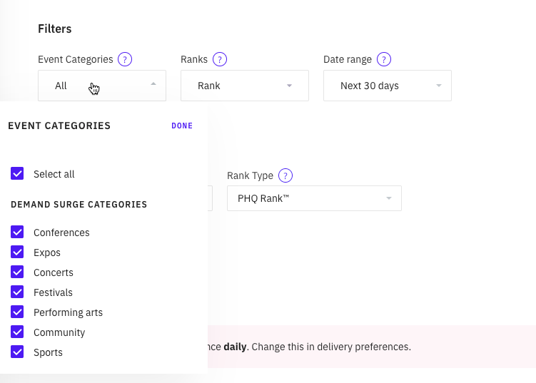 Setting filter options - Categories