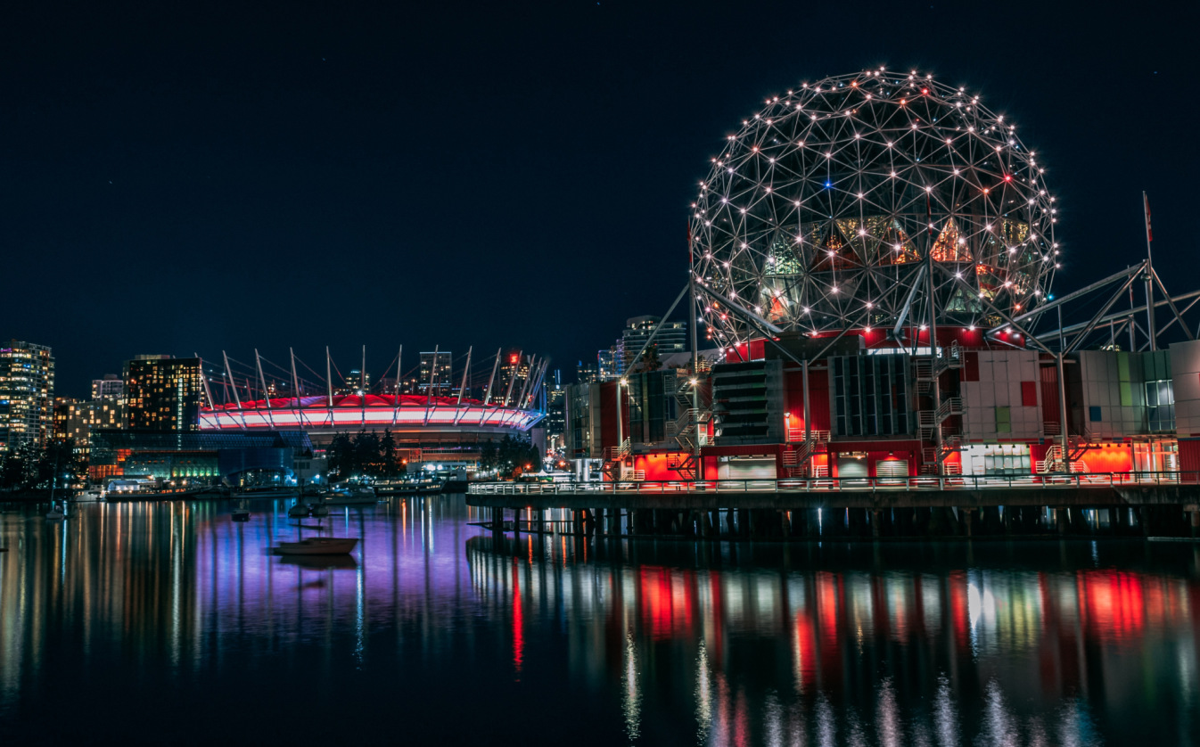 Nighttime view of Science World in Vancouver