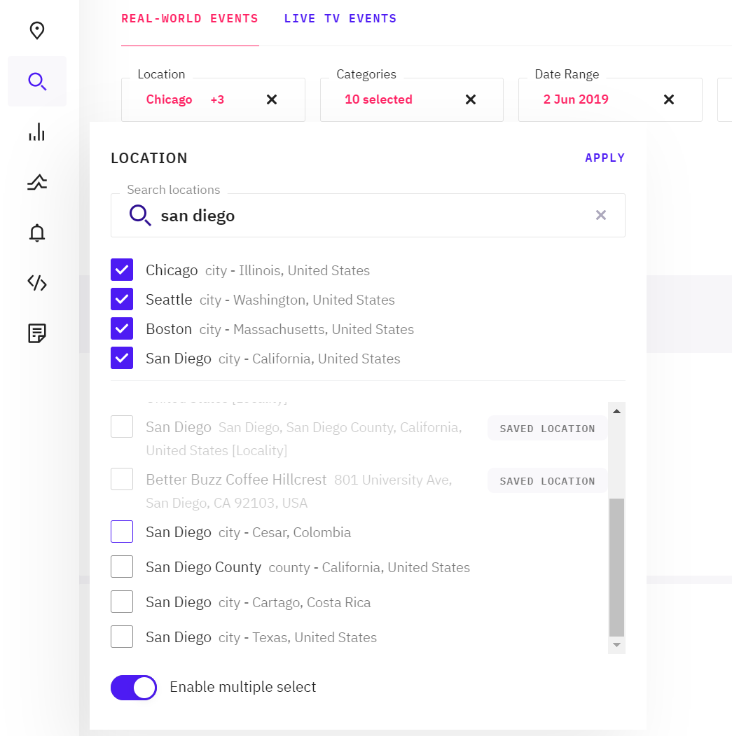 Selecting multiple locations in search