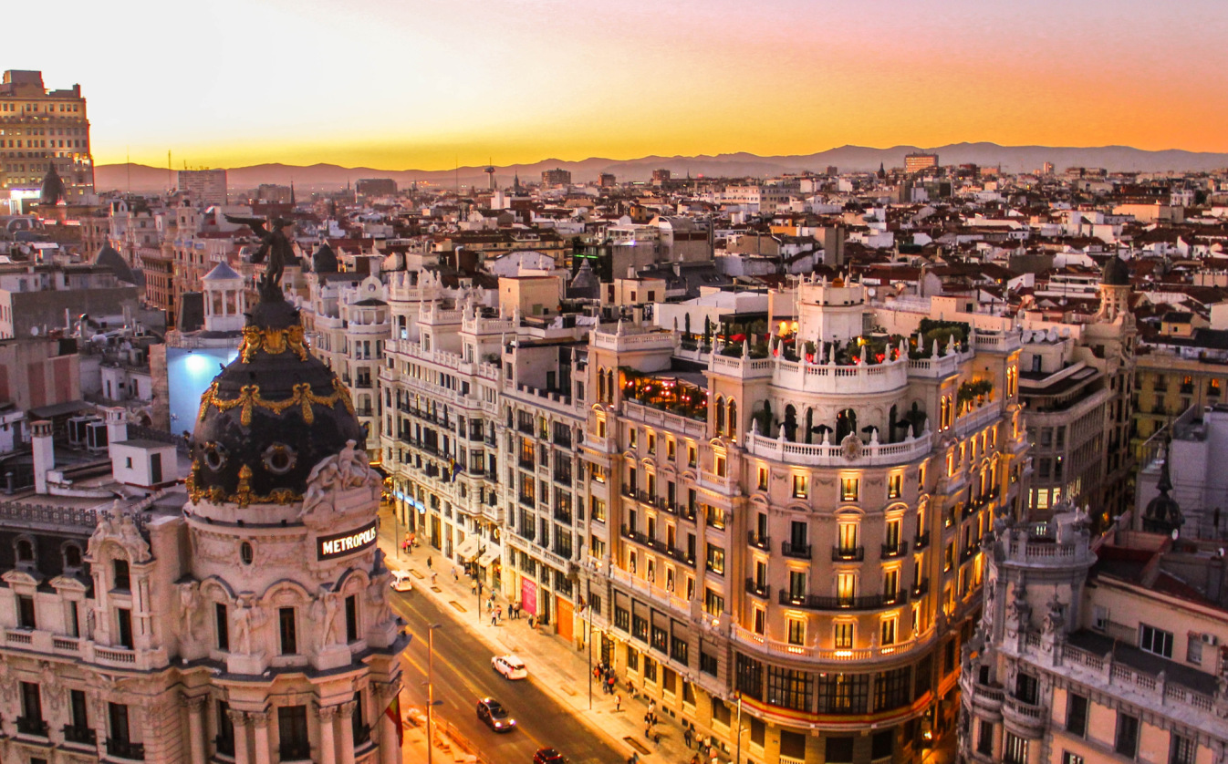 Gran Via in Madrid at sunset