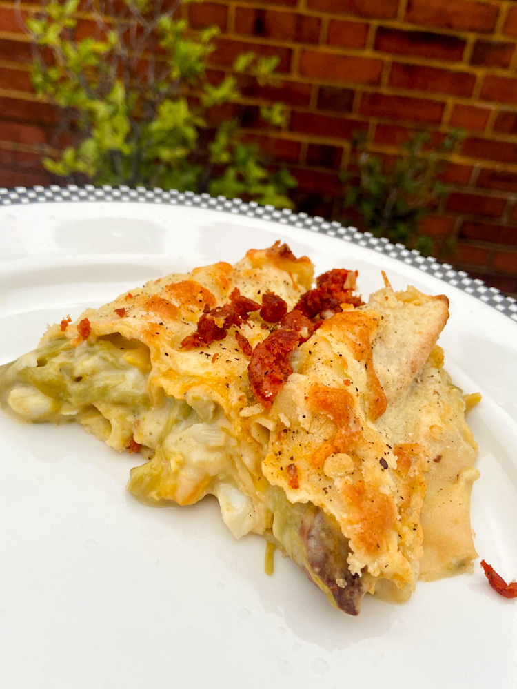 Smoked Haddock Asparagus and Chorizo Pancake Bake FoodSlut