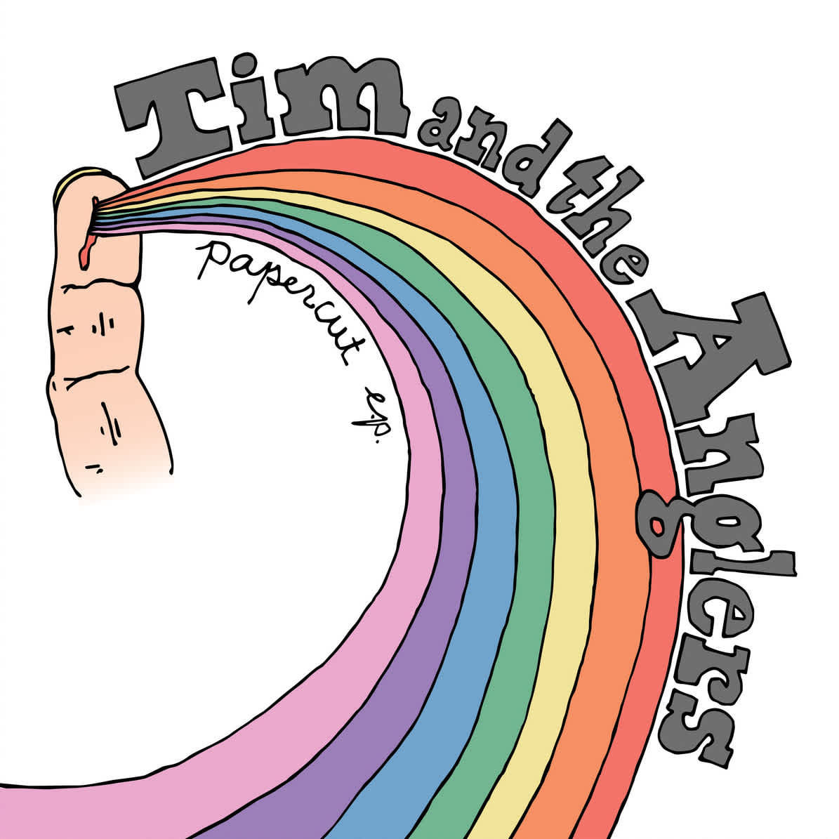 A colorful line drawing of an index finger with a papercut, out of which a rainbow is emitting. With the text "Tim and the Anglers" along the outer curve of the rainbow.