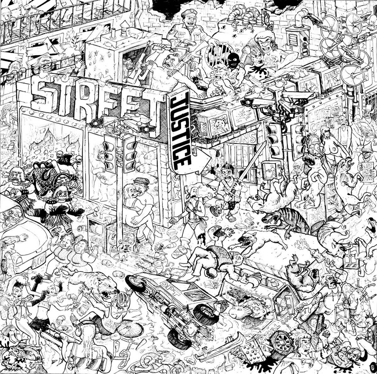Intricate comicbook style drawing of general chaos oand violence in the city.