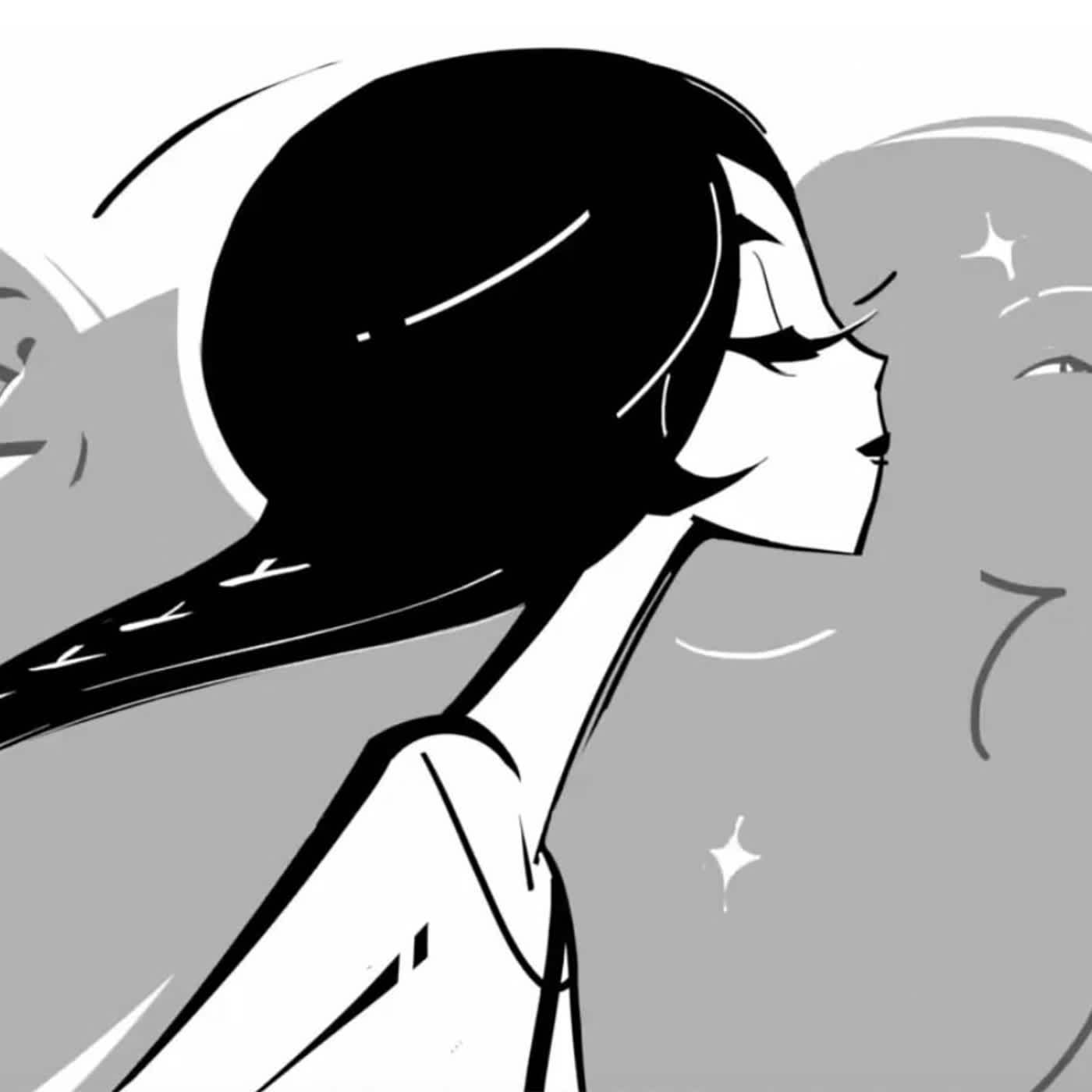 Artwork from Dear Bonny Aileen of the main character in profile, a young woman with dark hair in a pony tail. Her eyes are closed and she is smiling slightly.