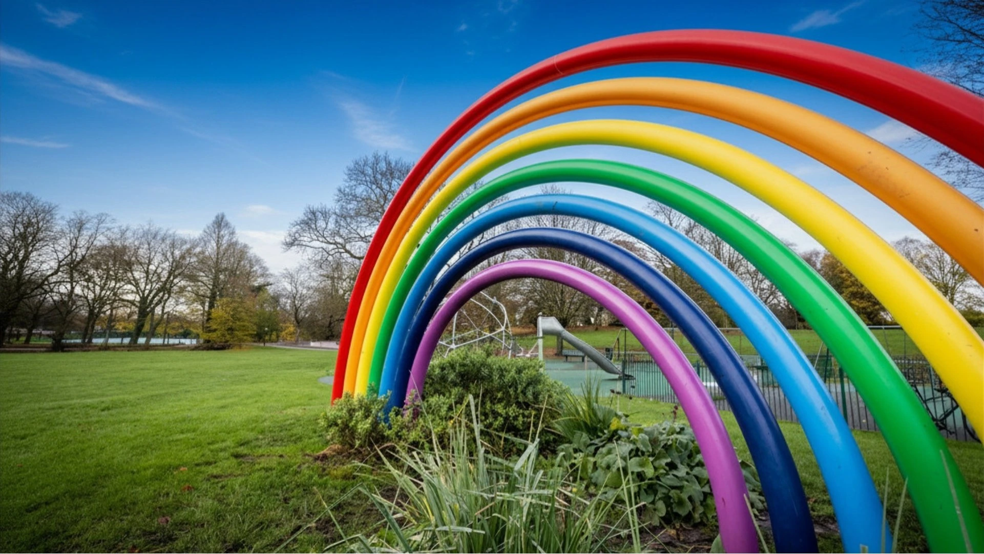 Bright rainbow sculpture, large brightly painted metal tubes to represent a rainbow with the playpark featuring a slide behind it.