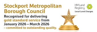 Gold star trophy on podium beside HM Land Registry logo and text about Stockport Metropolitan Borough Council's gold standard service recognition.