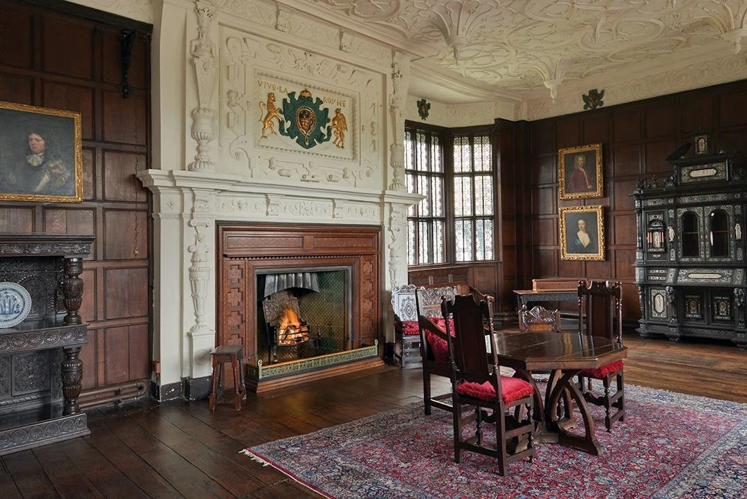 Bramall Hall Withdrawing room with restored plaster ceiling