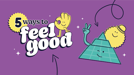 5 Ways to Feel Good logo, featuring a green pyramid and yellow sun, with a hat on.