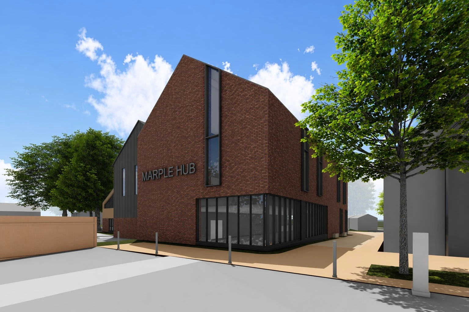 A CGI (computer generated image) of the upcoming Marple Hub, a brick building with a large glass entrance and long, narrow windows.