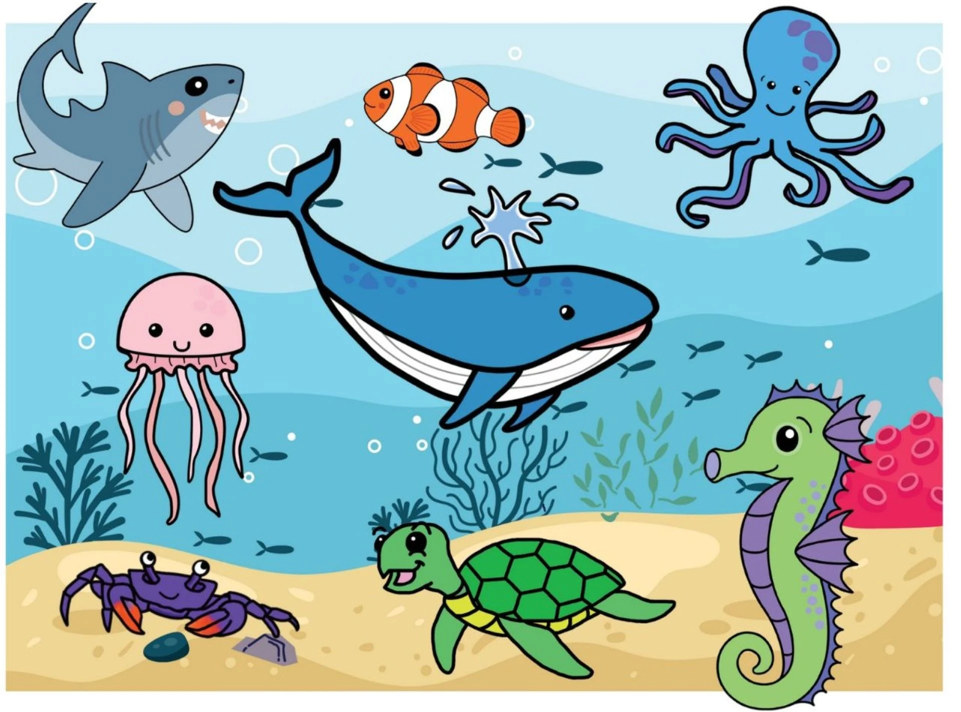 A bright cartoon showing an ocean floor with sea creatures including a crab, turtle, whale, shark, octopus, clownfish, jellyfish and seahorse, all characters in the Little Steps scheme.