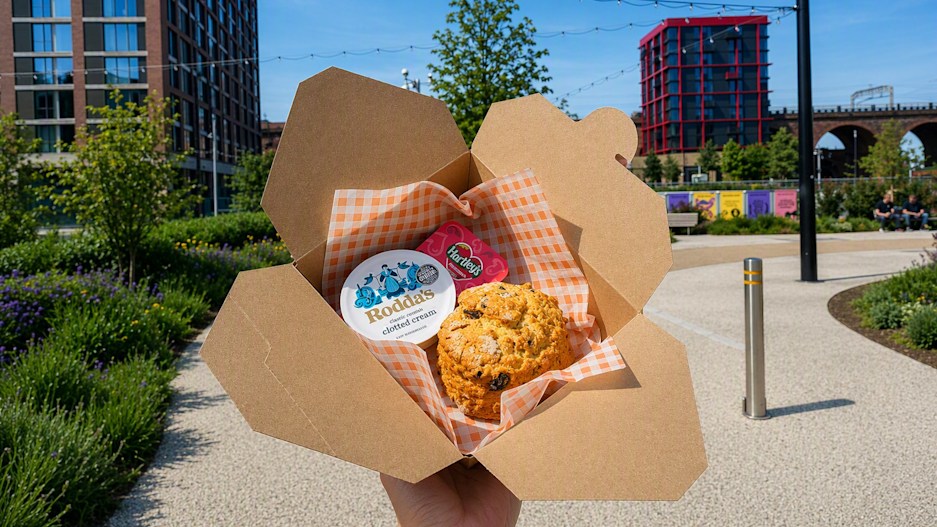 Open cardboard box held outdoors containing a scone, clotted cream, and jam with urban park and buildings in background.